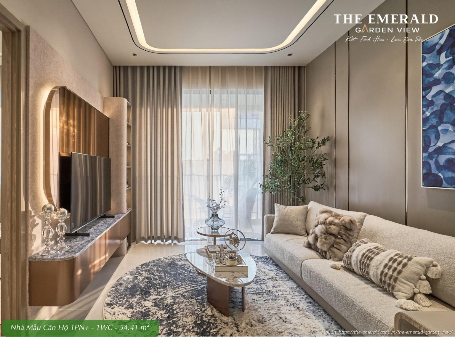 Nội thất phòng khách sang trọng nhà mẫu căn hộ 1 phòng ngủ cộng diện tích tim tường 54.41 m2 The Emerald Garden View