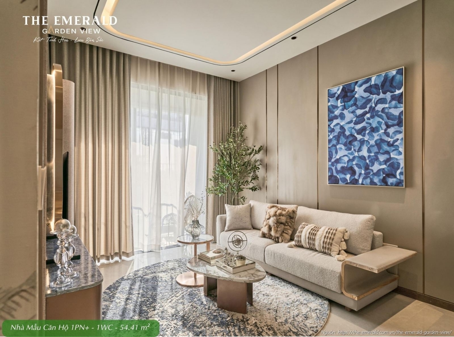 Nội thất phòng khách sang trọng nhà mẫu căn hộ 1 phòng ngủ cộng diện tích tim tường 54.41 m2 The Emerald Garden View