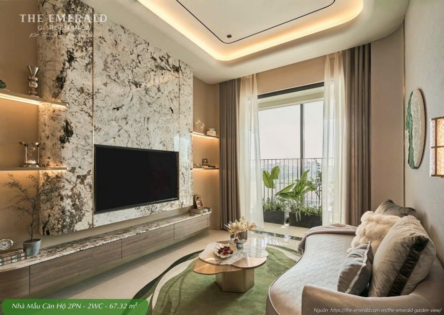 Không gian phòng khách hiện đại rộng rãi tại nhà mẫu căn hộ 2 phòng ngủ diện tích tim tường 67.32 m2 The Emerald Garden View