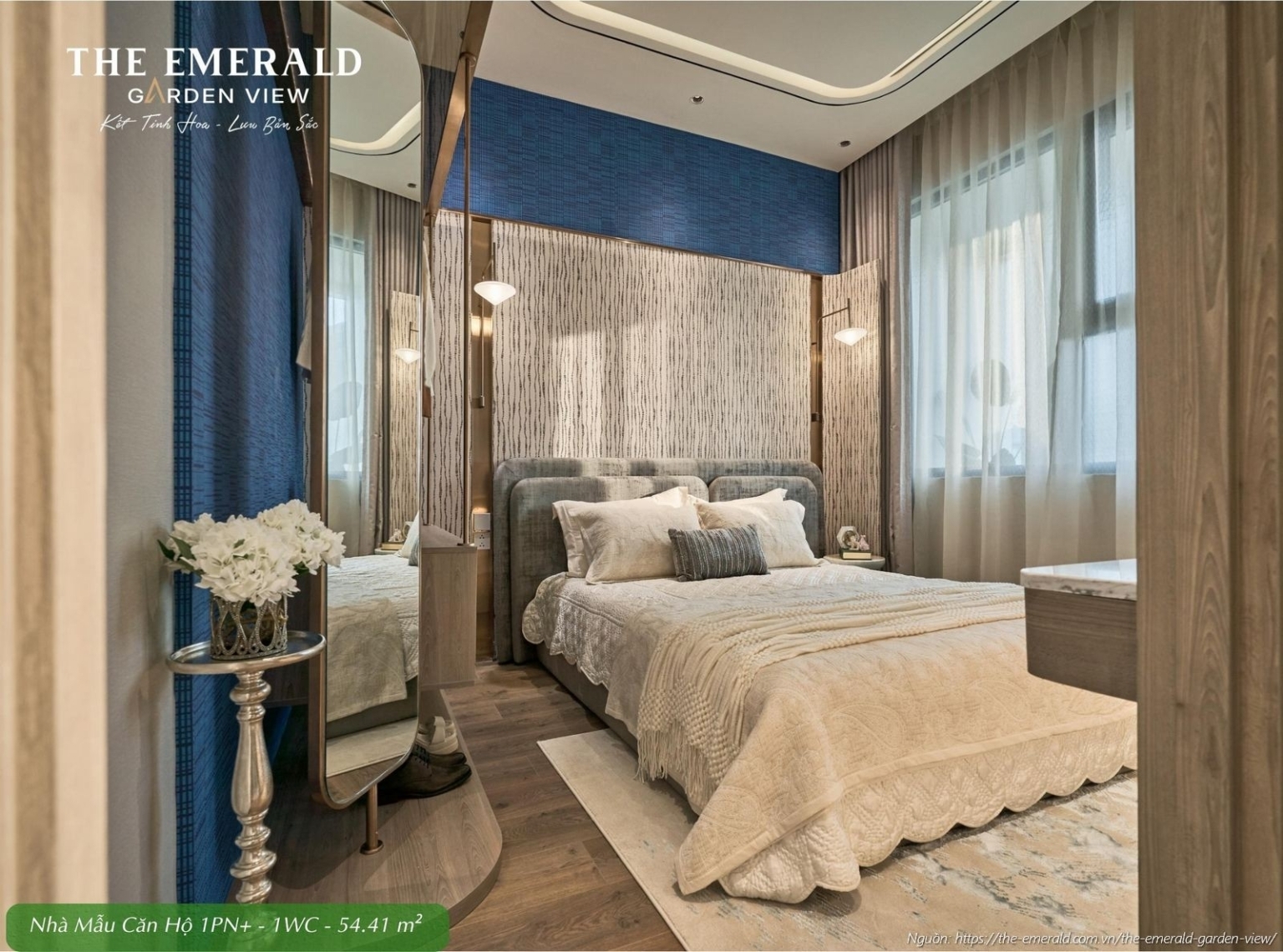 Thiết kế phòng ngủ Master ấm cúng tại nhà mẫu căn hộ 1 phòng ngủ cộng diện tích tim tường 54.41 m2 The Emerald Garden View