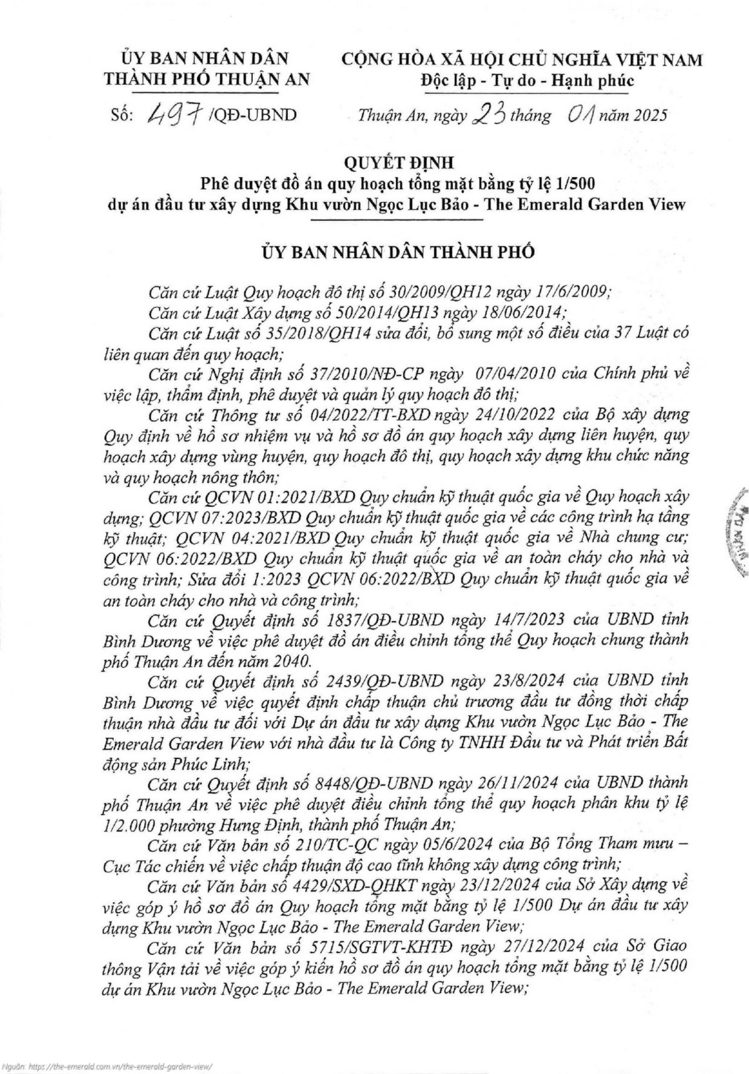 Quyết định phê duyệt quy hoạch chi tiết 1/500 dự án The Emerald Garden View