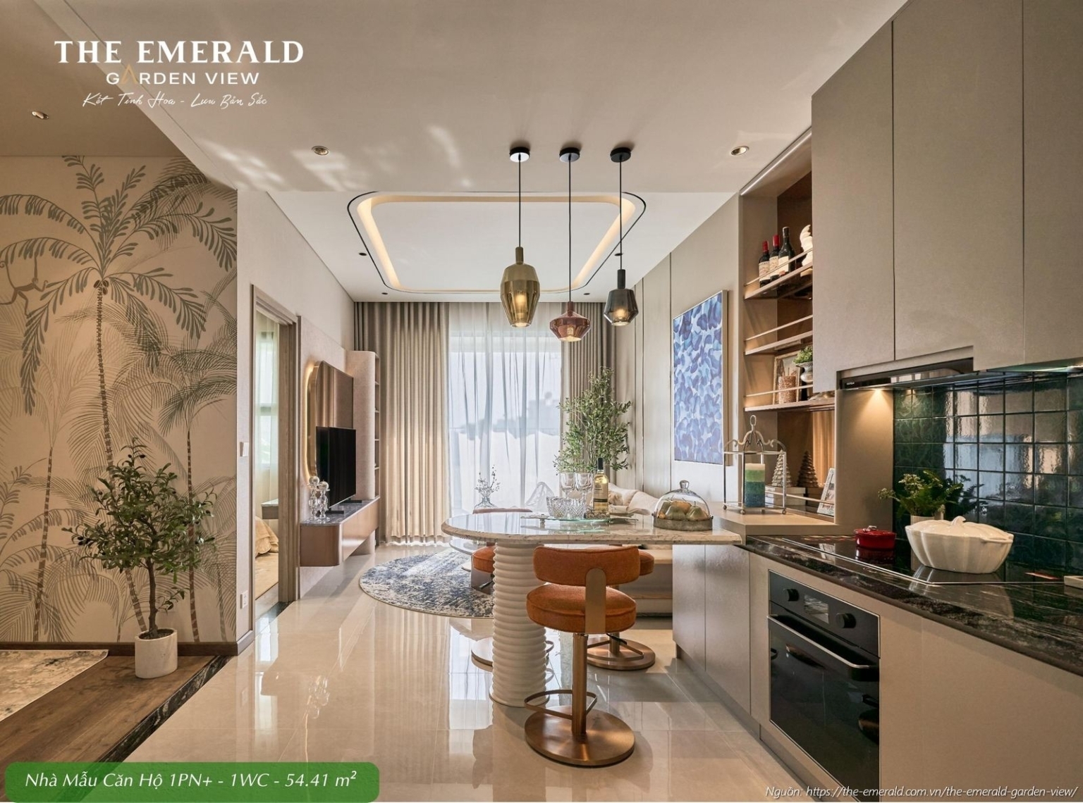 Khu vực bếp và bàn ăn tiện nghi tại nhà mẫu căn hộ 1 phòng ngủ cộng diện tích tim tường 54.41 m2 The Emerald Garden View