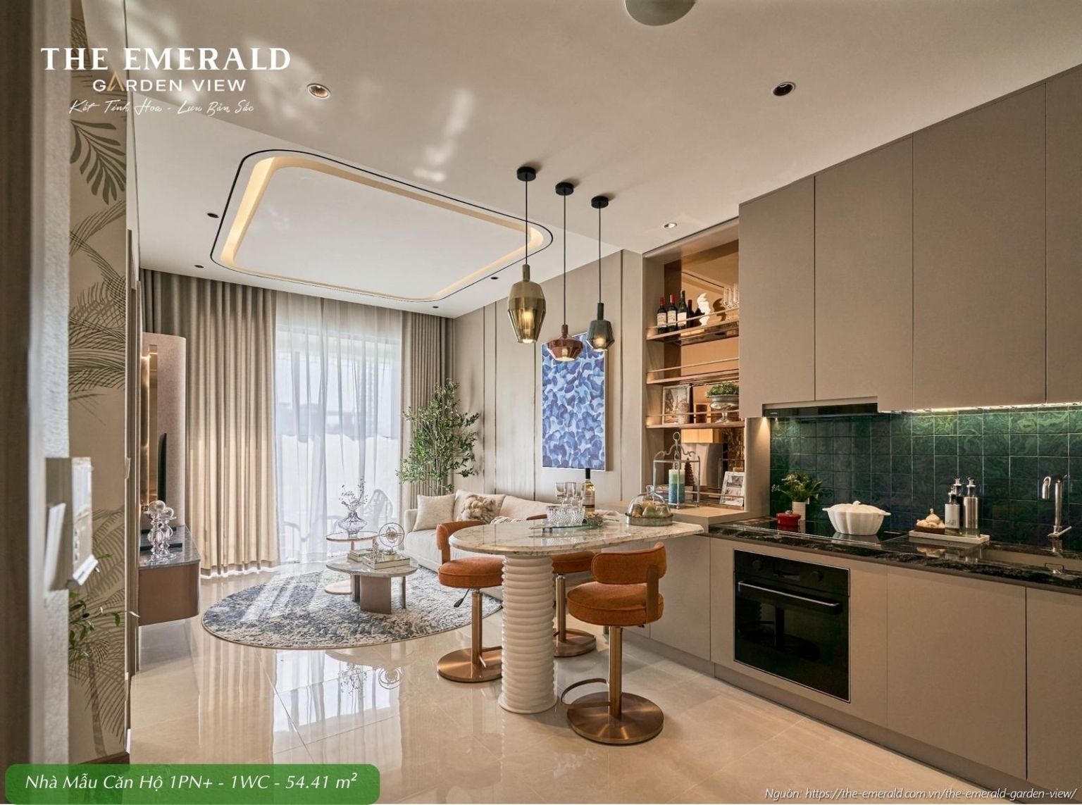 Khu vực bếp và bàn ăn tiện nghi tại nhà mẫu căn hộ 1 phòng ngủ cộng diện tích tim tường 54.41 m2 The Emerald Garden View