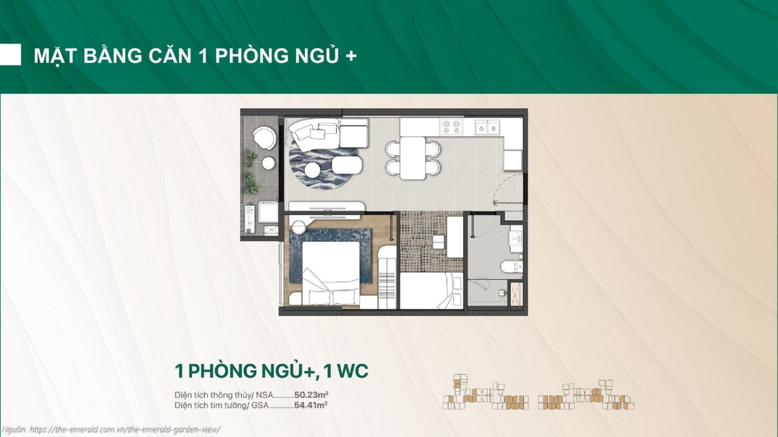 Thiết kế căn hộ 1 phòng ngủ+, 1WC (50.23m²) chung cư The Emerald Garden View