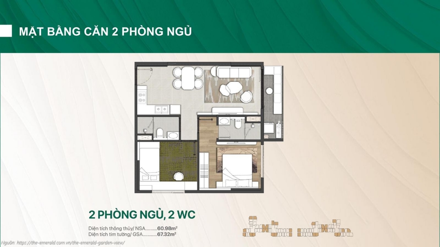 Thiết kế căn hộ 2 phòng ngủ, 2WC (60.98m²) chung cư The Emerald Garden View