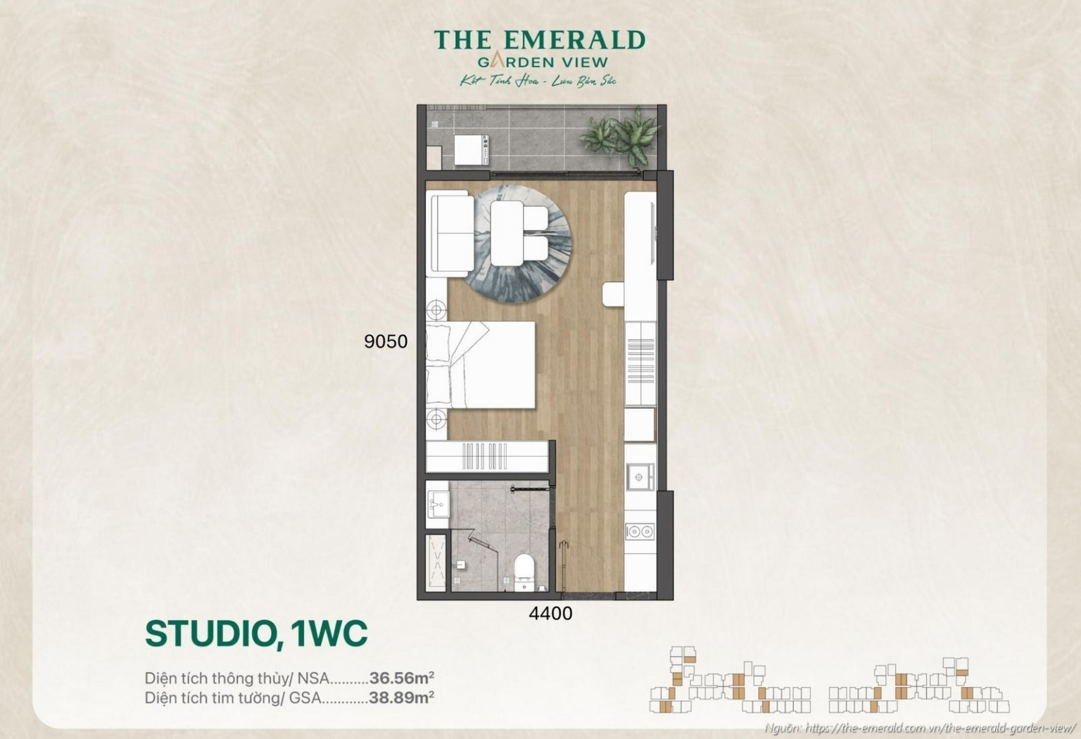 Thiết kế chi tiết căn hộ Studio diện tích tim tường 38.89 m2 dự án The Emerald Garden View
