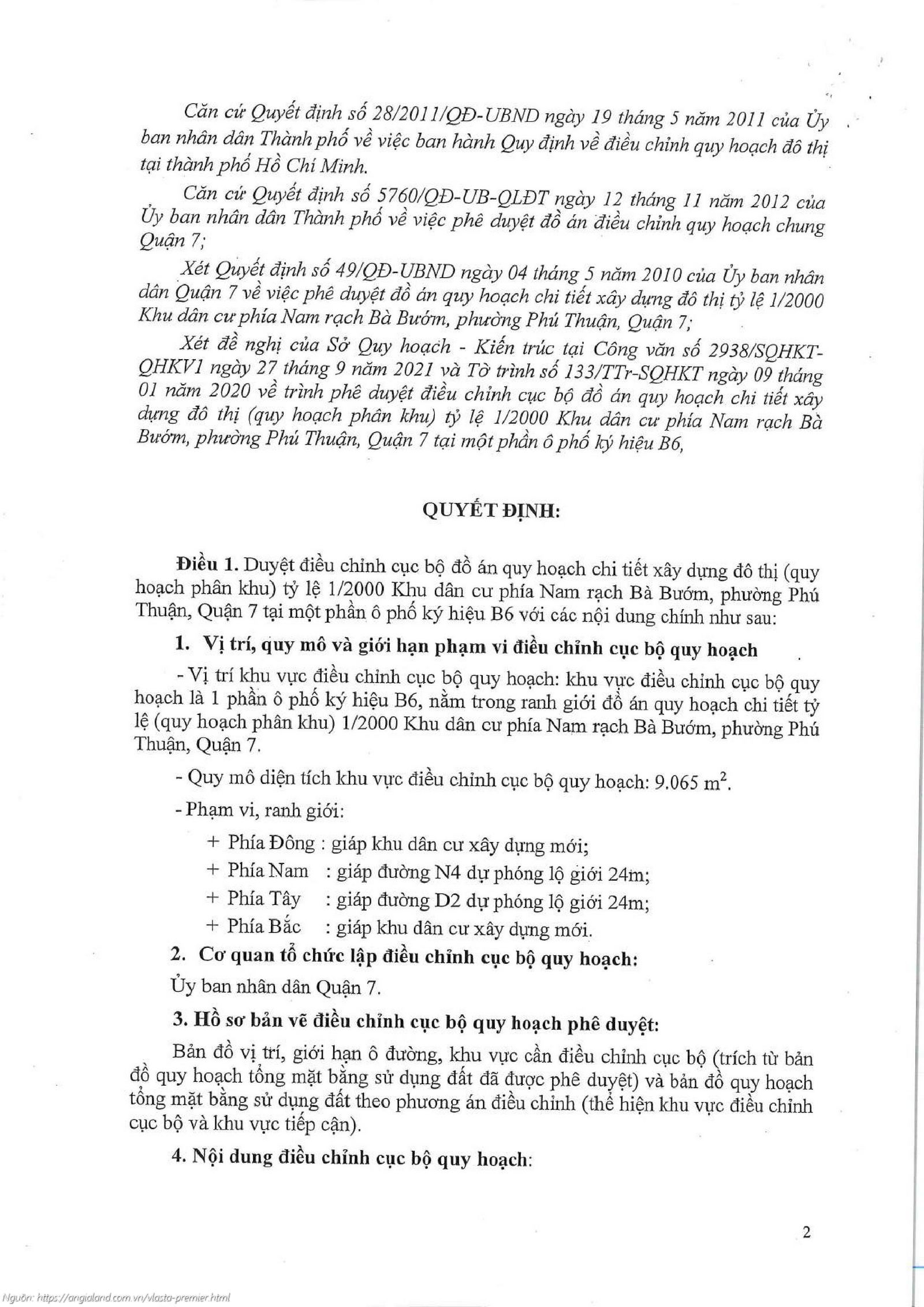 Điều chỉnh quy hoạch 1/2000 dự án căn hộ chung cư Vlasta Premier Quận 7