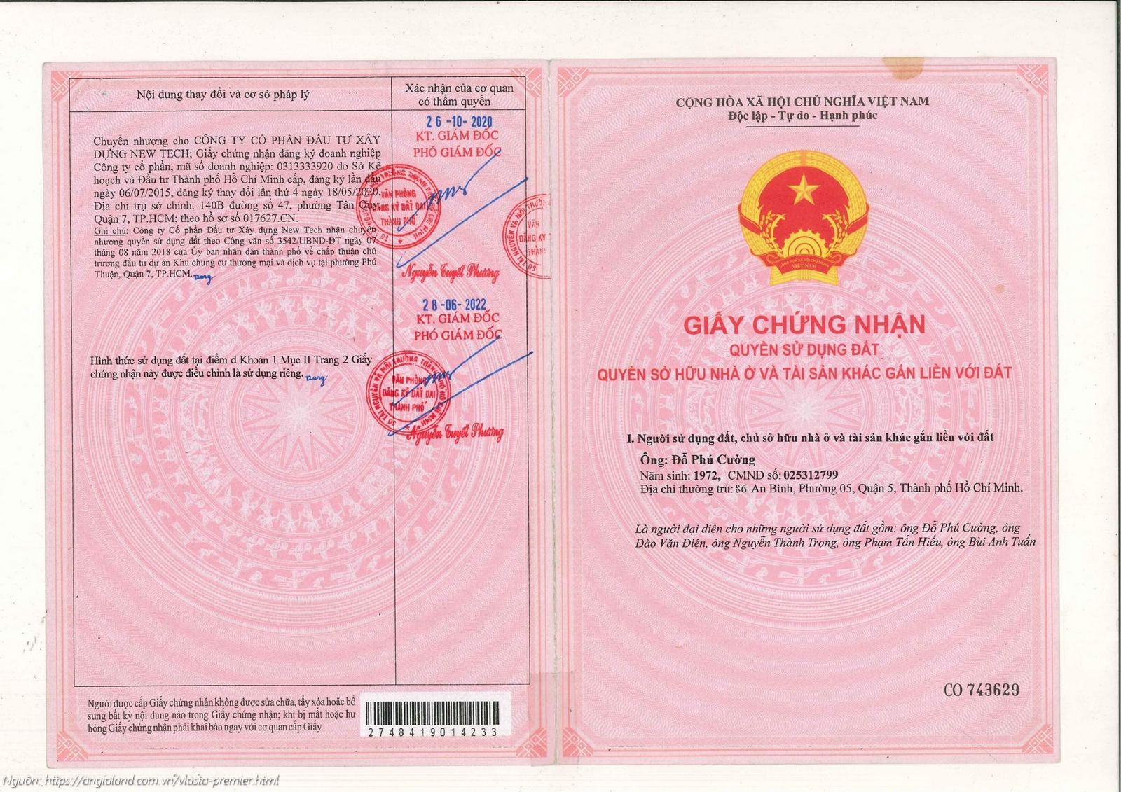 Giấy chứng nhận quyền sử dụng đất dự án căn hộ chung cư Vlasta Premier Quận 7
