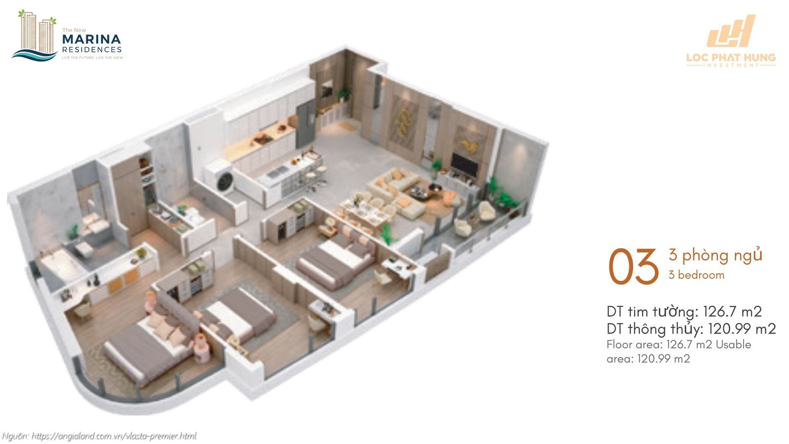 Thiết kế chi tiết căn hộ số 03 (3 phòng ngủ) diện tích 126.7 m2 dự án Vlasta Premier Quận 7