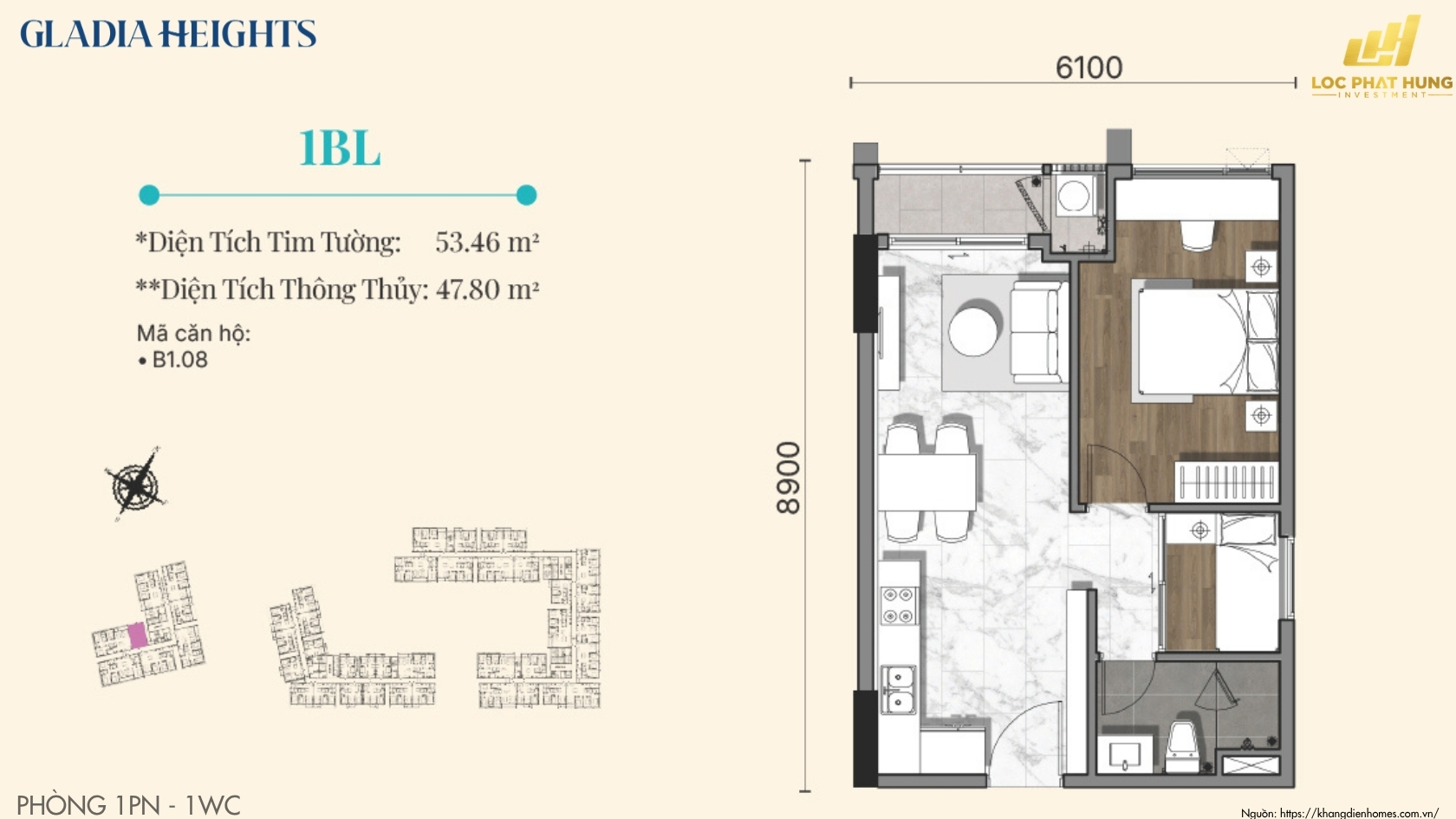 Mặt Bằng Căn Hộ 1 Phòng Ngủ Chung Cư Gladia Heights Phường Bình Trưng