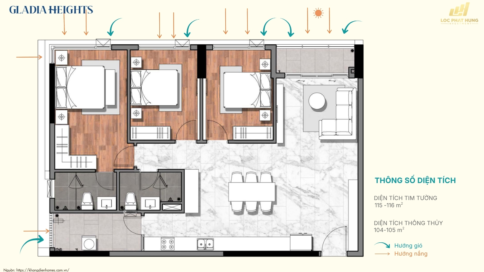 Mặt Bằng Thiết Kế Diện Tích Căn 3pn Gladia Heights